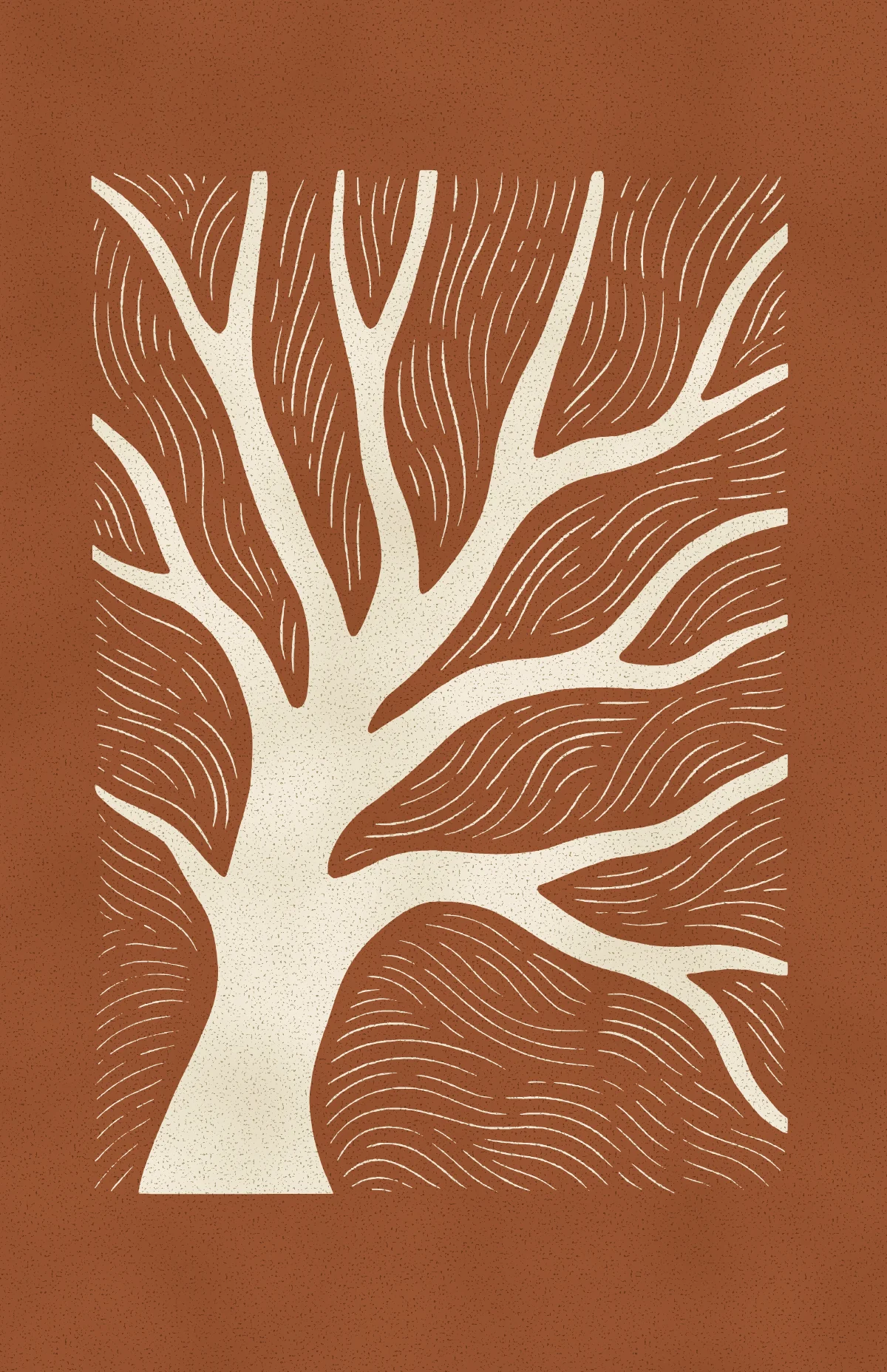 An olive tree, its branches spread, in a wood engraving